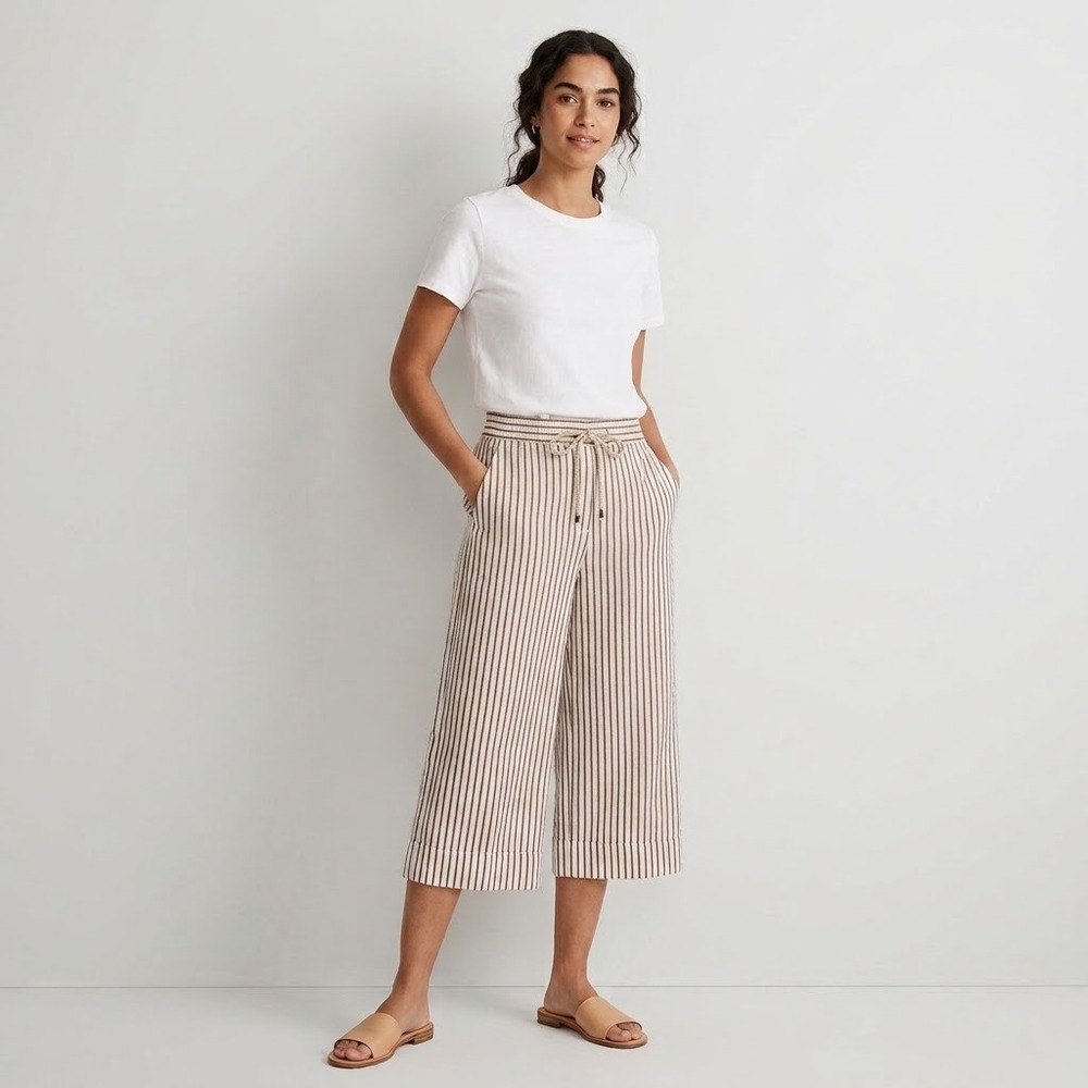 Banana Republic Striped Wide Leg Cropped Pants Brown White Seersucker M
